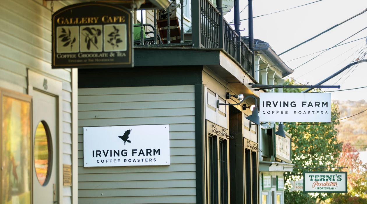 Irving Farm Coffee Roasters green exterior and signage in Millerton